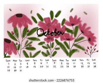 Calendar of October 2023, aesthetic flower pink, red shades and leaves vector, illustrations