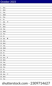 calendar of October 2023 in English language