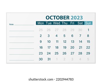 Calendar October 2023 on a white background. Vector illustration.