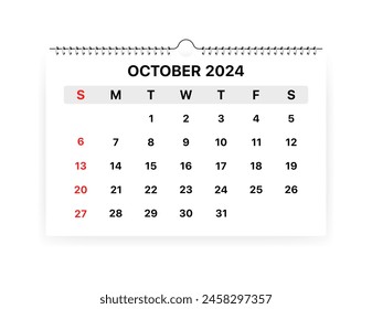 Calendar October 2024 month icon. Flat style. Vector icon