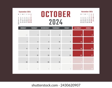 calendar for october 2024 starts monday, vector calendar design october 2024 year