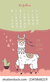 Calendar for October 2024, week from Monday to Sunday. Cute llama like a hippie and standing near cactus. Alpaca cartoon character. scandinavian style design. Funny animal. Vector illustration