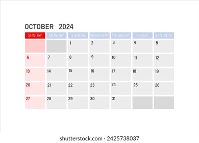 Calendar for October 2024. The week starts on Sunday