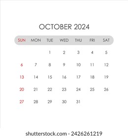 Calendar for October 2024. The week starts on Sunday