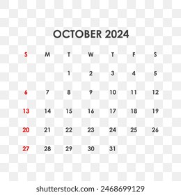 Calendar for October 2024. The week starts on Sunday.