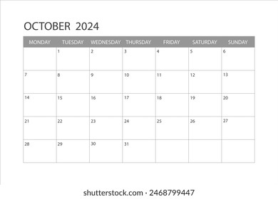 Calendar for October 2024. The week starts on Monday. Glider.