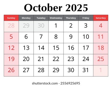 Calendar for October 2025. Design vector illustration. English page of the autumn month