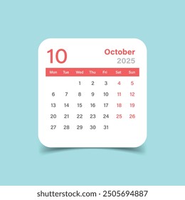 Calendar october 2025 icon in flat style. Planner vector illustration on isolated background. Calender sign business concept.