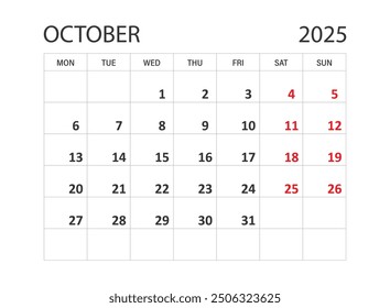 Calendar october 2025 icon in flat style. Planner vector illustration on isolated background. Calender sign business concept.