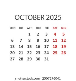 Calendar october 2025 icon in flat style. Planner vector illustration on isolated background. Calender sign business concept.