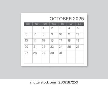 Kalender Oktober 2025 Symbol im flachen Stil. Planer, Vektorgrafik auf einzelne Hintergrund. Kalenderzeichen Geschäftskonzept.