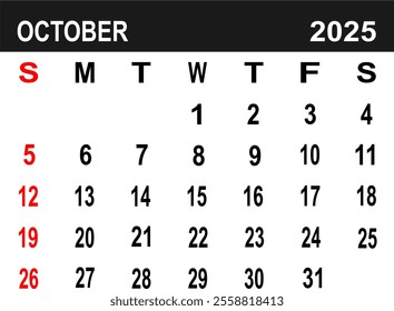 Calendar for October 2025. the week begins on Monday. flat design. removable calender for the month. vector ilustration. 