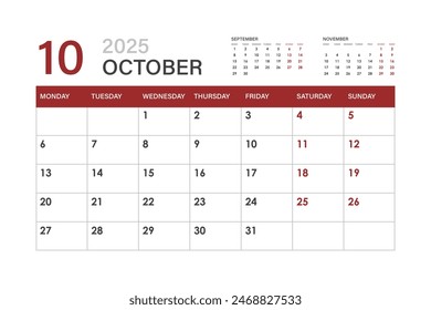 Calendar for October 2025. The week starts on Monday