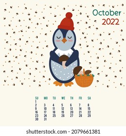 Calendar for October with animal mushrooms. Planner with a penguin in the circle of doodle backgrounds of the season. Annual monthly diary for 2022. Vector illustration