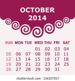Calendar of October with spiral design - vector illustration