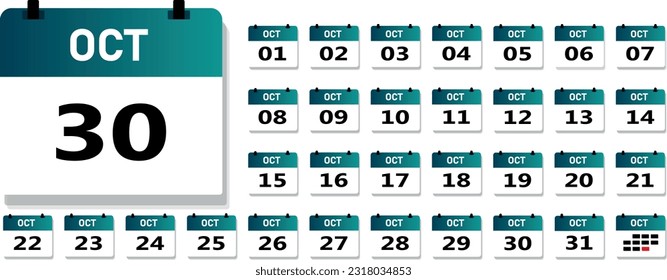 Calendar for October. Universal for any year. Calendar icon with tear-off pages. Green and blue with gradient, white and gray colors. Vector illustration.
