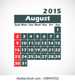 calendar on 2015 year.August. vector illustration.