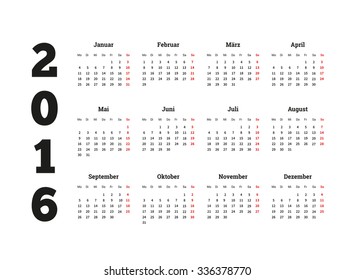 Calendar on 2016 year on german language, A4 sheet size