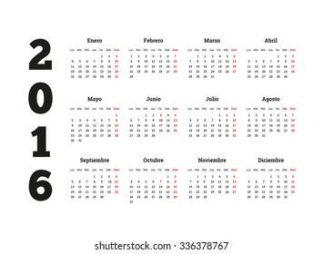 Calendar on 2016 year on Spanish language, A4 sheet size