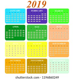 Calendar on 2019 year months of color icons