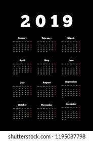 Calendar on 2019 year with week starting from monday on dark background, A4 vertical sheet size
