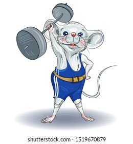 Calendar on 2020 year Rat, a badge of Zodiac, Horoscope. White mouse is engaged in fitness. Decorative greeting card-merry Christmas and happy New year, sports Day.