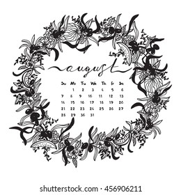 Calendar on august and graphic floral wreath from olive, flowers, berries and watermelon. Vector illustration for your design of print, poster, coloring, card, postcard