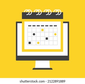 Calendar on computer screen. Vector illustration. Schedule, event, time management, appointments, planning. Modern concepts. Flat design