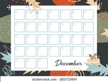 Calendar on December without Data for planner or diary. Printable Timetable for month at winter geometric background. Daily Schedule template on abstract  pattern.