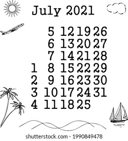 Calendar on July 2021 with plane and beach.