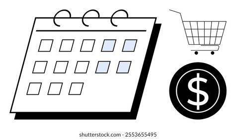 Calendar on the left marked with squares, a shopping cart, and a dollar sign. Ideal for financial planning, budgeting, shopping schedules, saving money, and economic management. Simple and modern