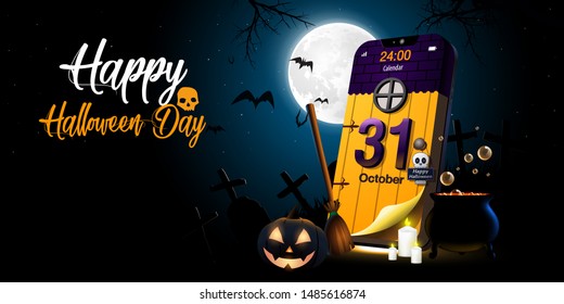 calendar on mobile phone, dark night  background long size, Happy Halloween Day, Vector Image