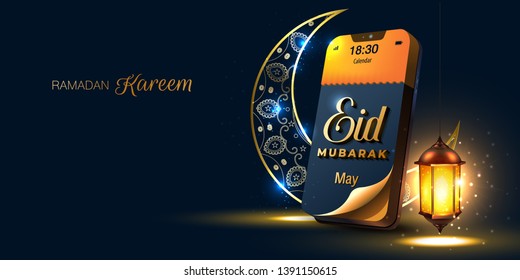 calendar on mobile phone, gold and dark blue background long size, Ramadan kareem Day, Vector Image