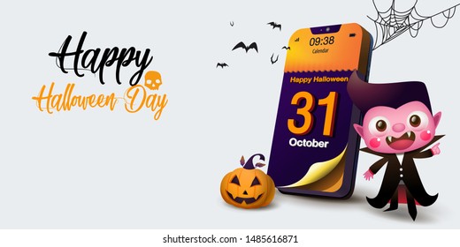 calendar on mobile phone, white background long size, Happy Halloween Day, count dracula and pumpkin, Vector Image