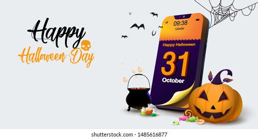 calendar on mobile phone, white  background long size, Happy Halloween Day, Vector