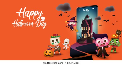 calendar on mobile phone, white background long size, Happy Halloween Day, count dracula and friends, Vector Image
