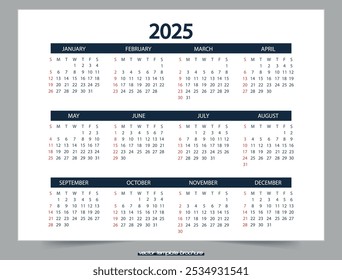 Calendar on one sheet for 2025. Vector illustration.