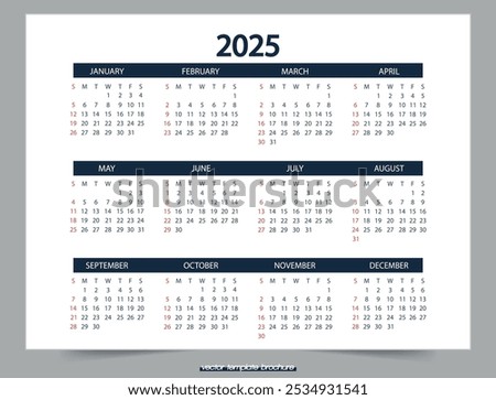 Calendar on one sheet for 2025. Vector illustration.