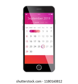 Calendar on smartphone screen. Planning, schedule, timetable, appointment, reminder app concepts. Smart Calendar App Concept september 2019 Page with To Do List UI UX Design Mockup for Mobile Phone