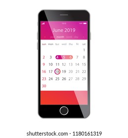 Calendar on smartphone screen. Planning, schedule, timetable, appointment, reminder app concepts. Smart Calendar App Concept june 2019 Page with To Do List UI UX Design Mockup for Mobile Phone