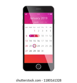 Calendar on smartphone screen. Planning, schedule, timetable, appointment, reminder app concepts. Smart Calendar App Concept january 2019 Page with To Do List UI UX Design Mockup for Mobile Phone