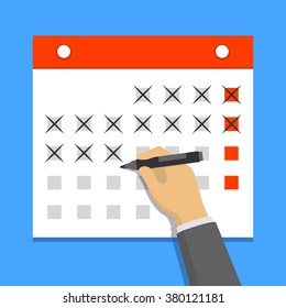 Calendar on the wall and hand crossing out days on it. Flat design vector illustration