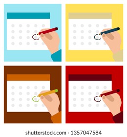 Calendar on the wall and hand marking one day on it. Vector illustration. Schedule with important date reminder, agenda time organizer plan. Icon in trendy flat style isolated on green background.