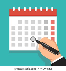 Calendar on the wall and hand marking one day on it. Flat vector illustration.