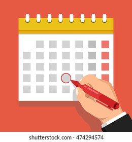 Calendario en la pared y marcación a mano un día en ella. Ilustración vectorial plana.