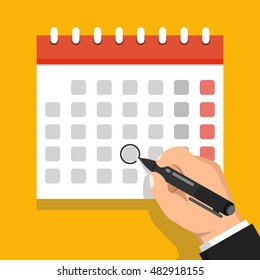 Calendar on the wall and hand marking one day on it. Flat vector illustration.