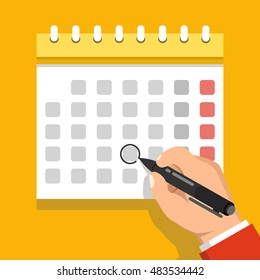 Calendar on the wall and hand marking one day on it. Flat vector illustration.