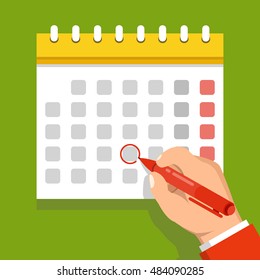 Calendar on the wall and hand marking one day on it. Flat vector illustration.