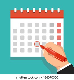 Calendar on the wall and hand marking one day on it. Flat vector illustration.