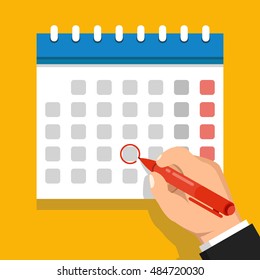 Calendario en la pared y la marca de la mano un día en él. Ilustración vectorial plana.